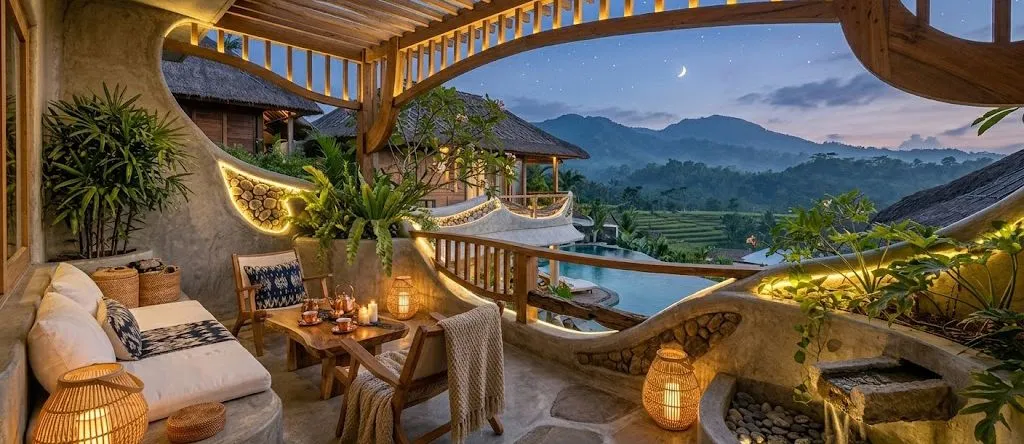 Balkon vila Bali saat senja menghadap terasering sawah dan kolam infinity.